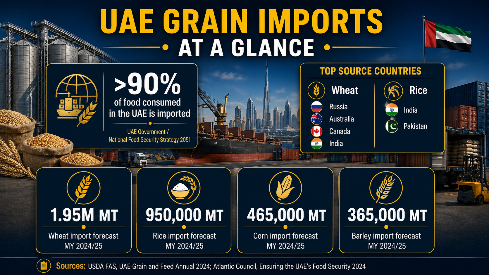 Data Insight about UAE Grain Imports: import forecasts for wheat, rice, corn, barley