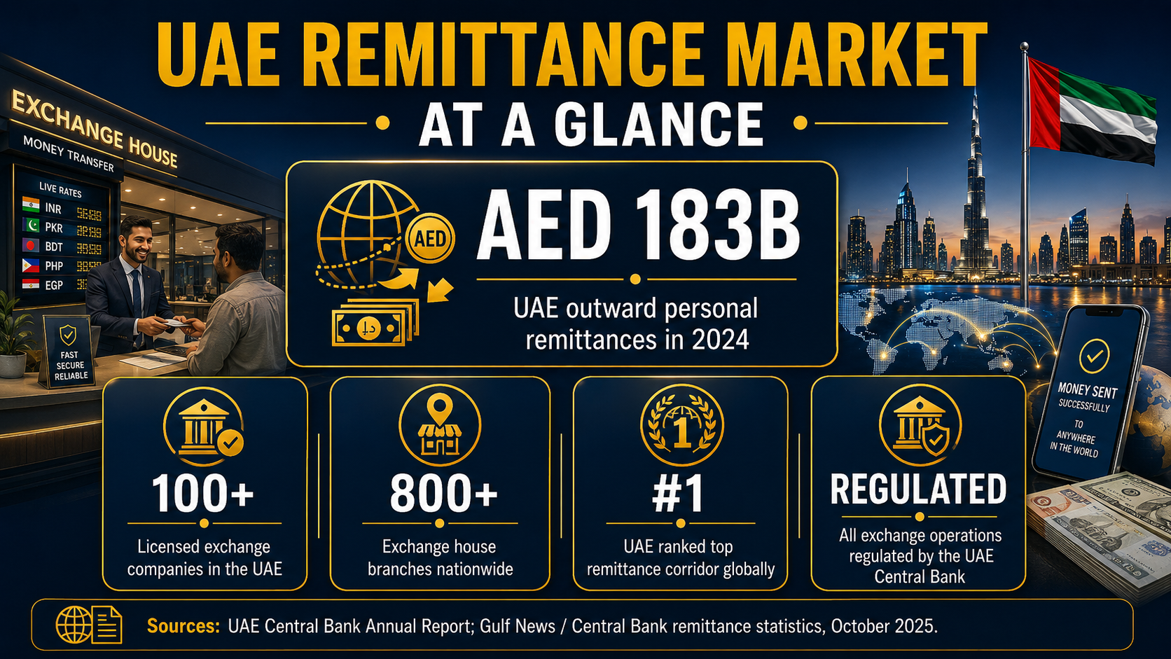 Insight and Data about UAE Remittance Market at a Glance showing AED 183B outward personal remittances