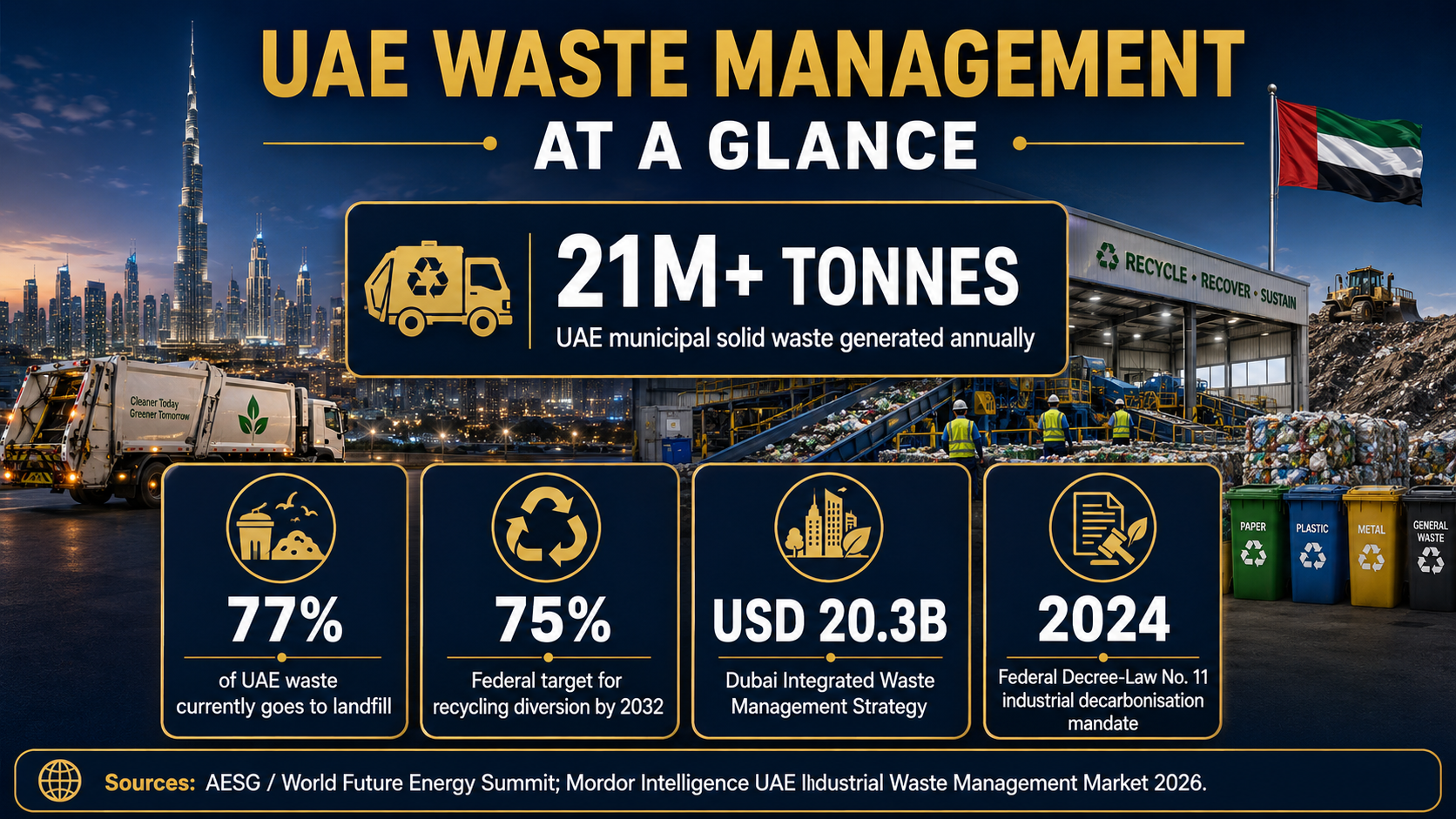 Insight about UAE Waste Management data showing 21M+ tonnes generated annually with recycling statistics