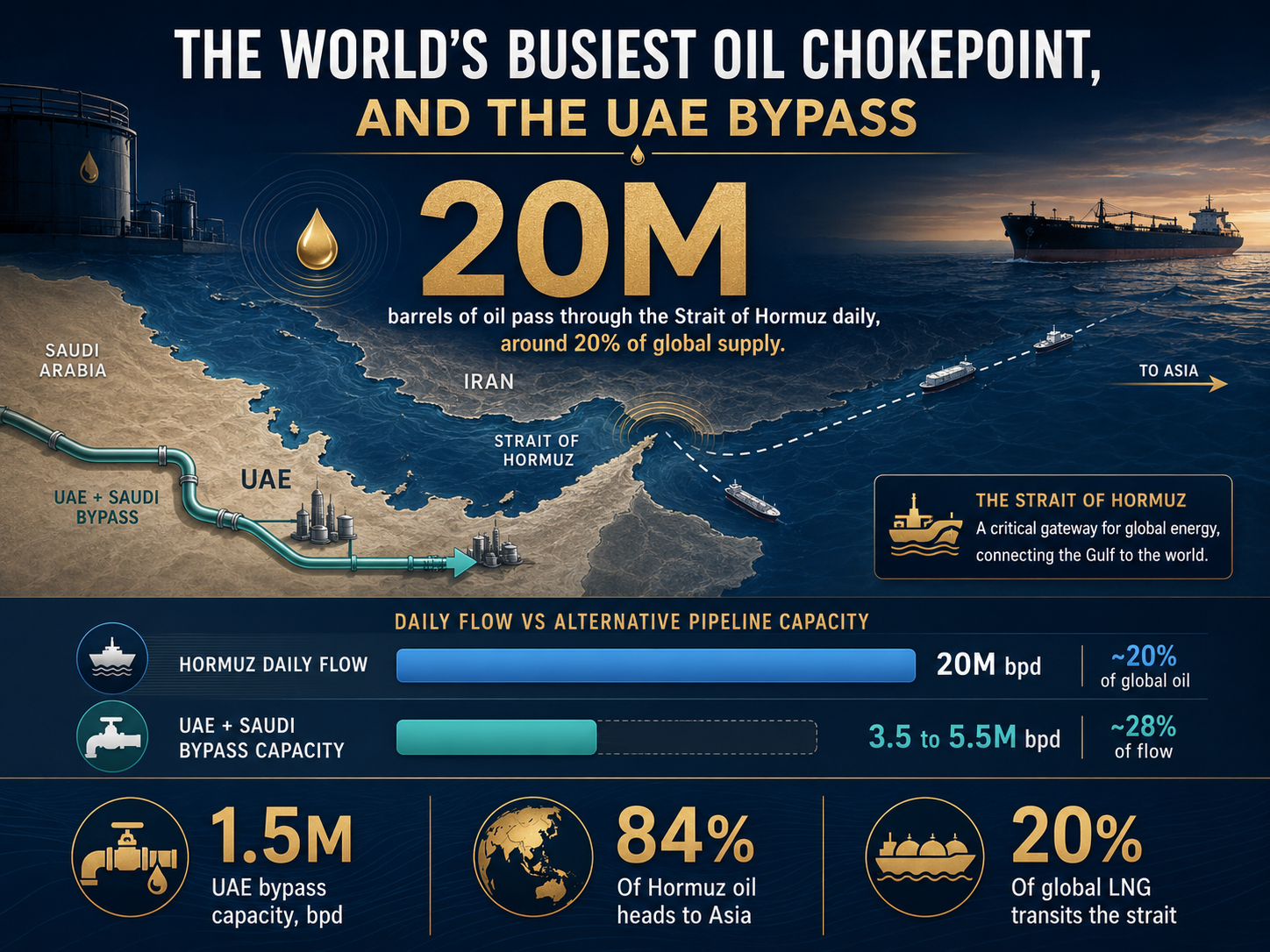 Insight and Data about The World's Busiest Oil Chokepoint, UAE Bypass infographic