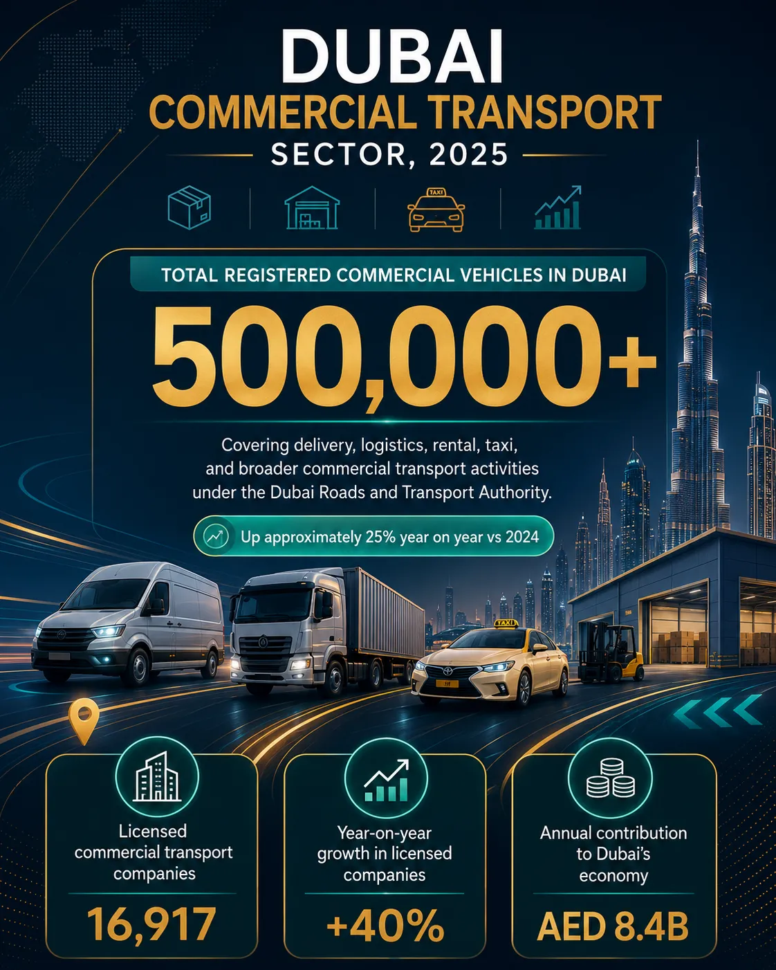 Insight into Data about Dubai Commercial Transport Sector 2025 with vehicle statistics