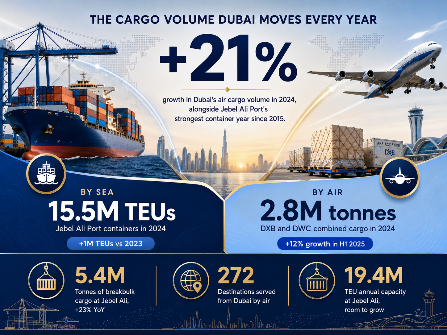 Insight Data about The Cargo Volume Dubai Moves Every Year infographic showing 21% growth