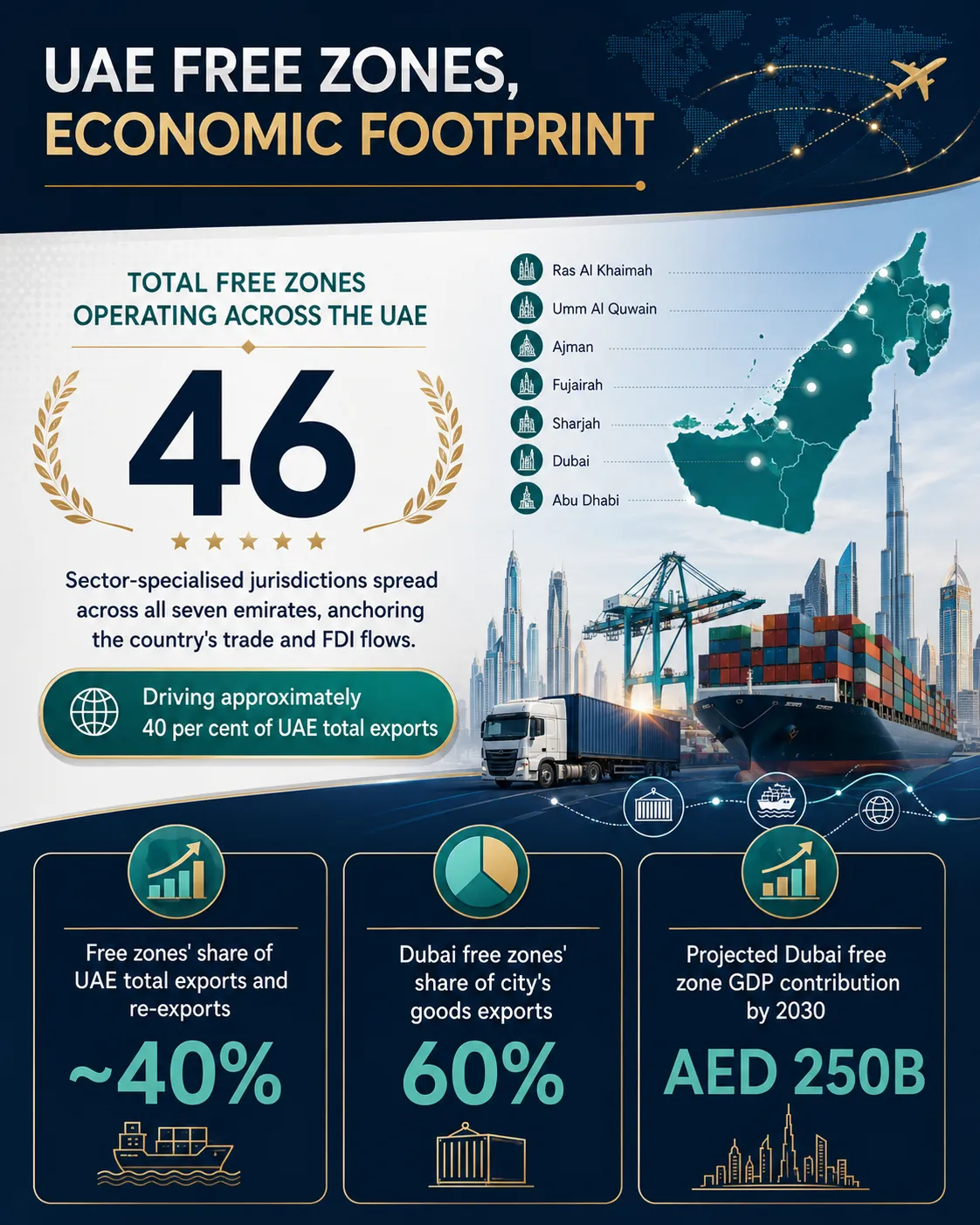Insight and Data about UAE Free Zones Economic Footprint: 46 zones, 40% exports, growth projections.