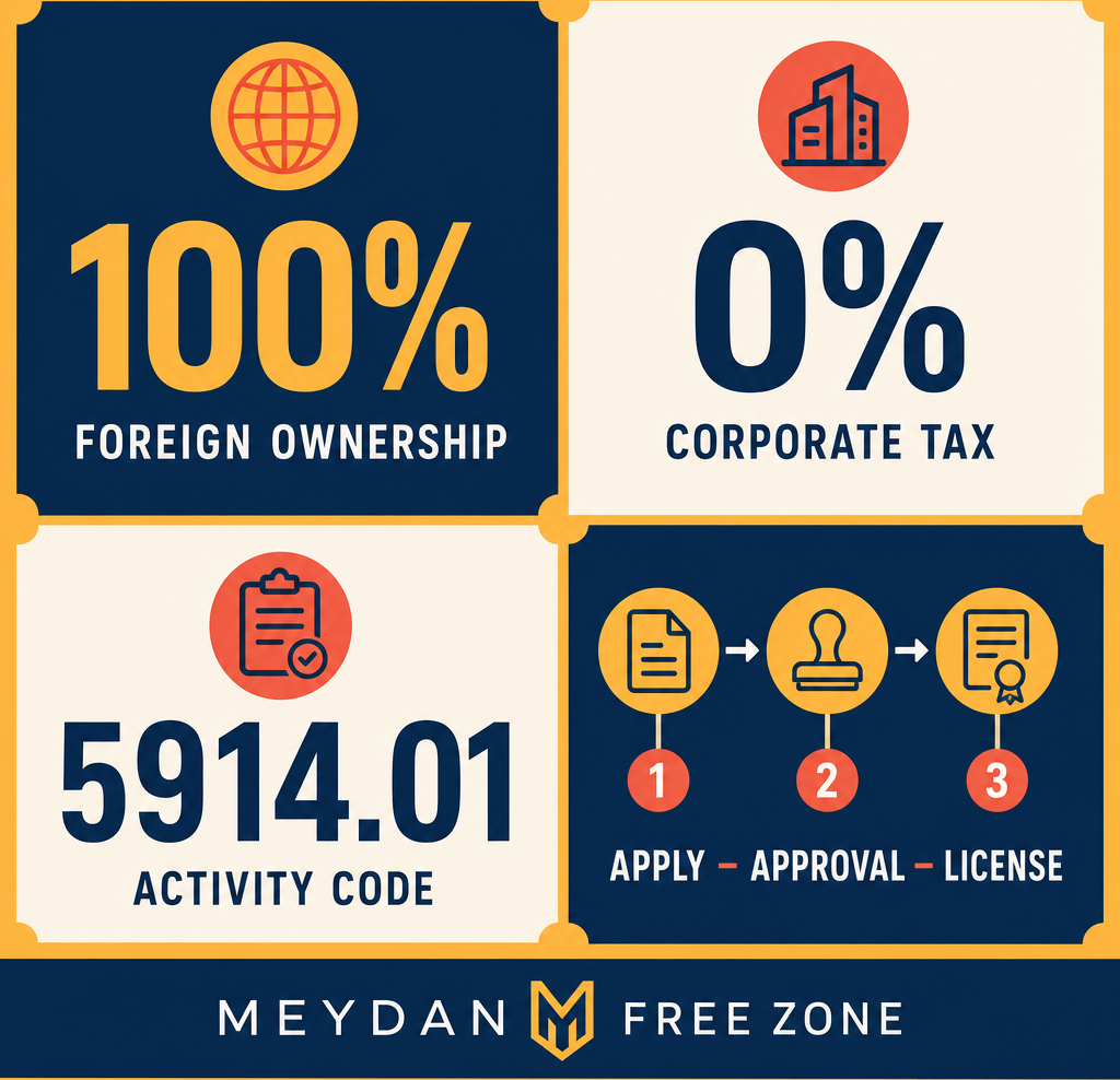 Infographic: How to Start a Motion Picture or Videotape Projection in Cinemas, in the Open Air Business in Dubai with Meydan Free Zone