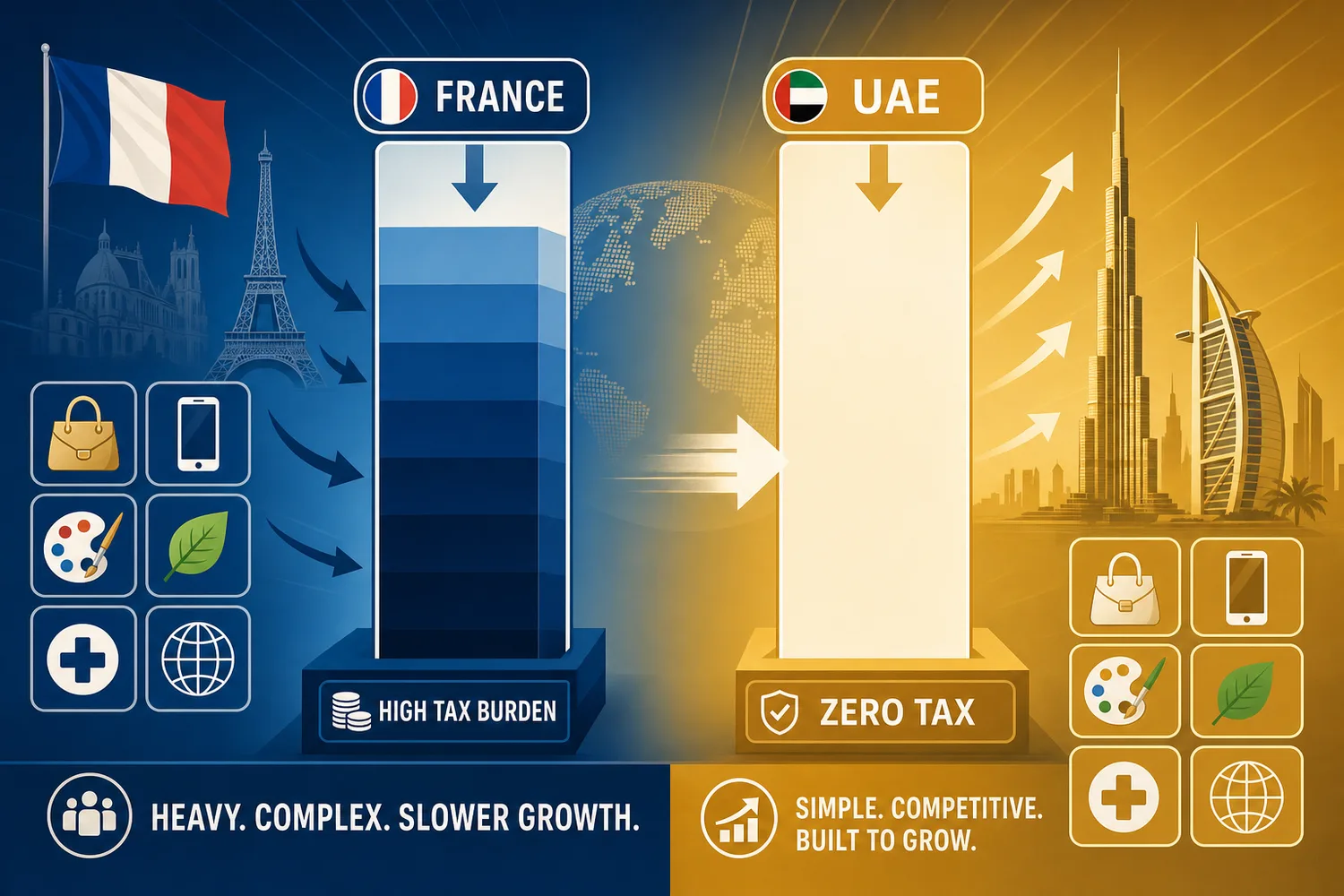 Side-by-side comparison of France and UAE business conditions for French founders, with icons representing ten business sectors