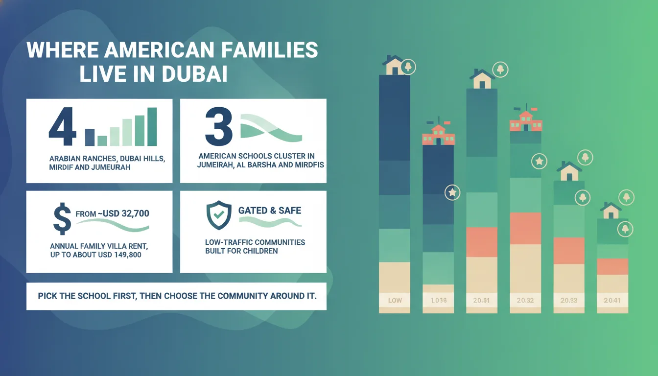 Comparison of six Dubai family neighbourhoods by cost, school access, and community features
