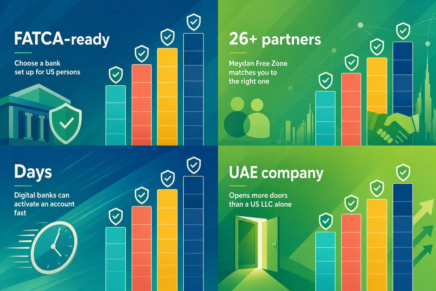 Side-by-side comparison of four UAE banks suited to American founders, showing relative onboarding speed and balance requirements