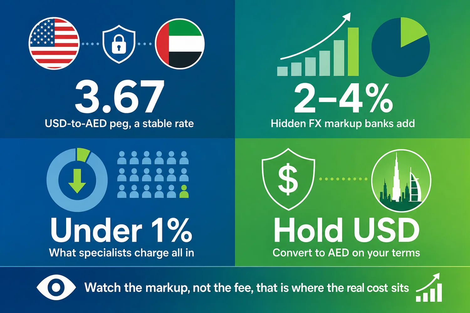 Side-by-side comparison of bank transfer costs versus specialist provider costs for USD to AED transfers