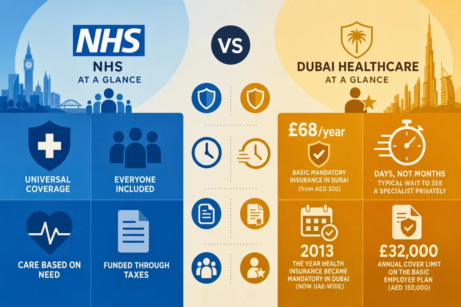 Side-by-side comparison of NHS and Dubai healthcare systems shown as flat geometric columns with icons