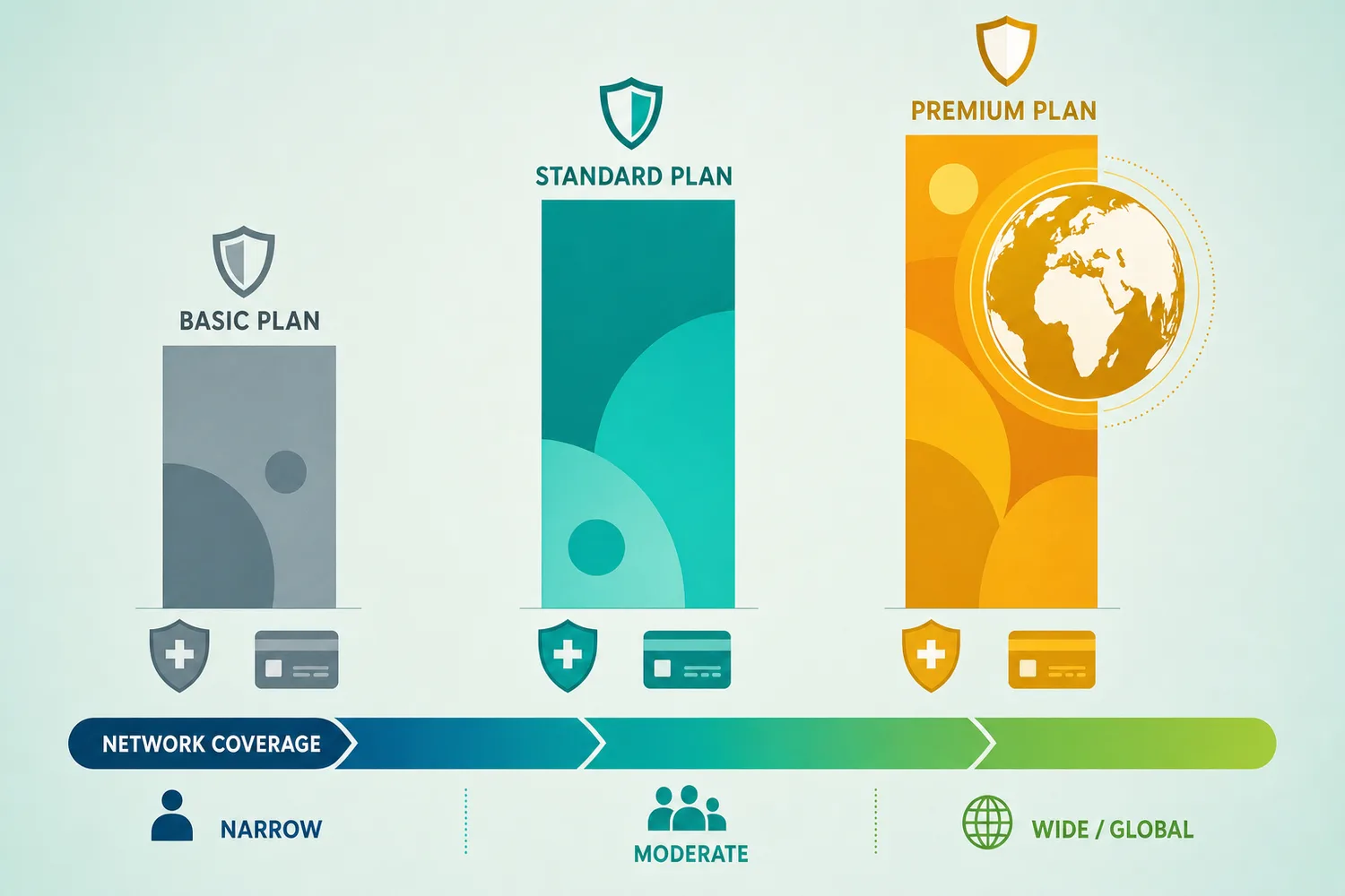 Three-tier comparison of Dubai health insurance plan levels from basic to international coverage