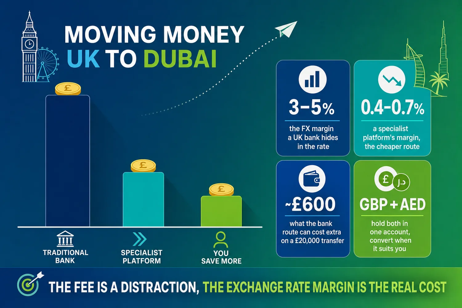 Bar chart showing the large cost gap between a high-street bank, a specialist platform, and a multi-currency account for a GBP to AED transfer