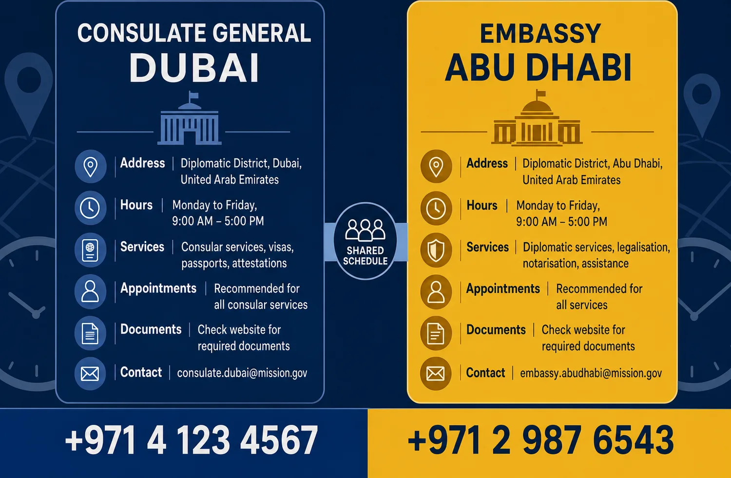 Side-by-side column comparison of the German Consulate General in Dubai and the German Embassy in Abu Dhabi