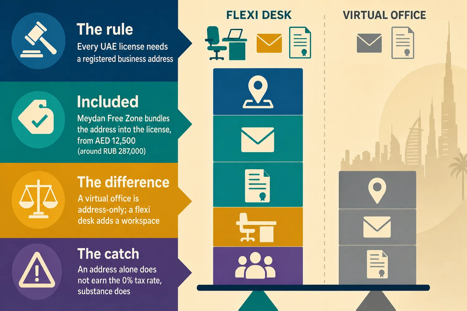 Side-by-side comparison of flexi desk and virtual office options for a Dubai company address