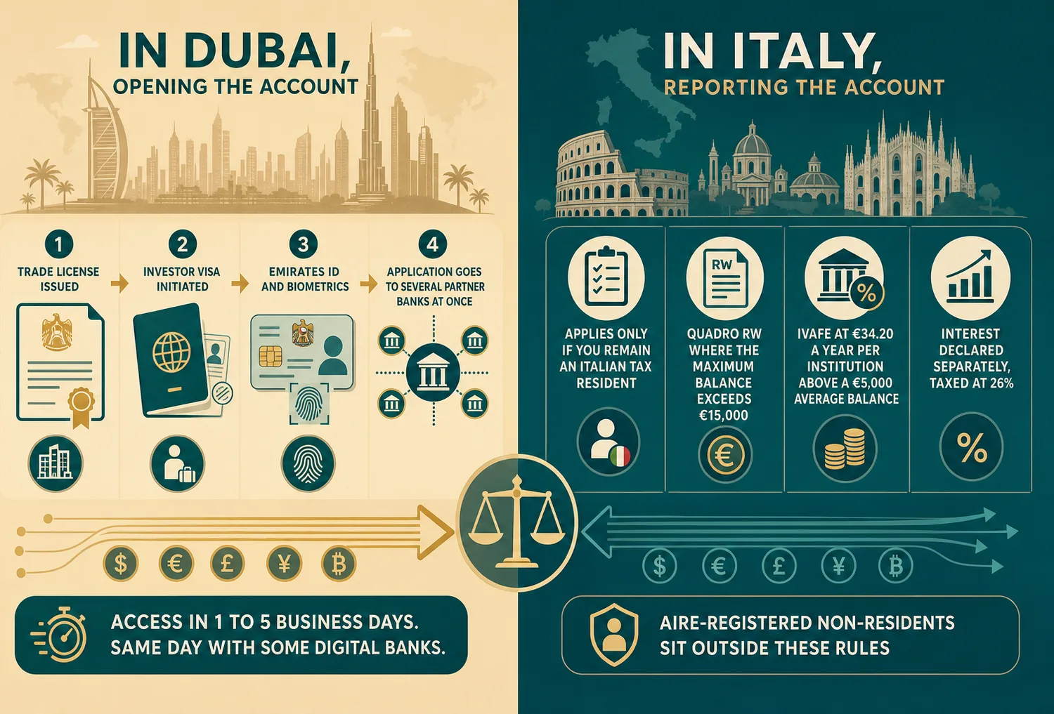 Step-by-step process and bank comparison overview for opening a UAE corporate account as an Italian founder