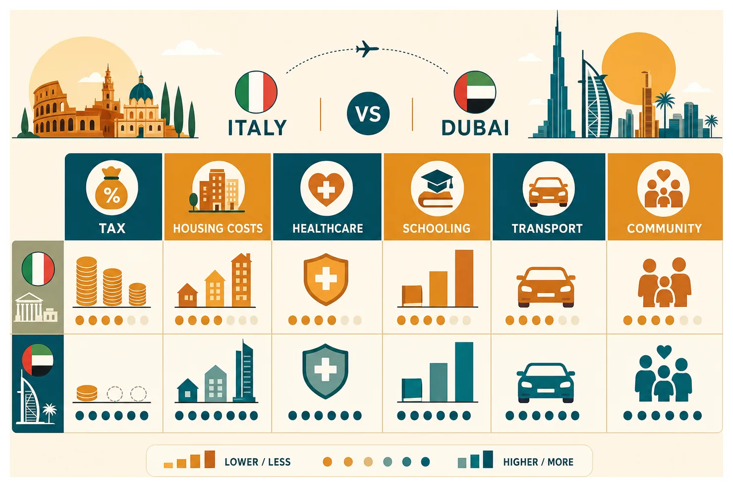 Infographic comparing the main practical and financial factors of Italian expat life in Dubai across several categories