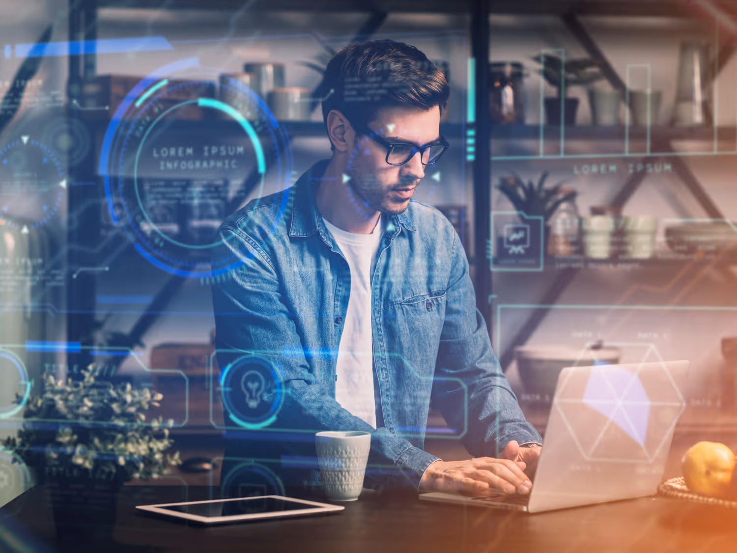 A technology professional focused on a laptop, with transparent digital interfaces and icons projected around him, symbolizing innovation and data processing.