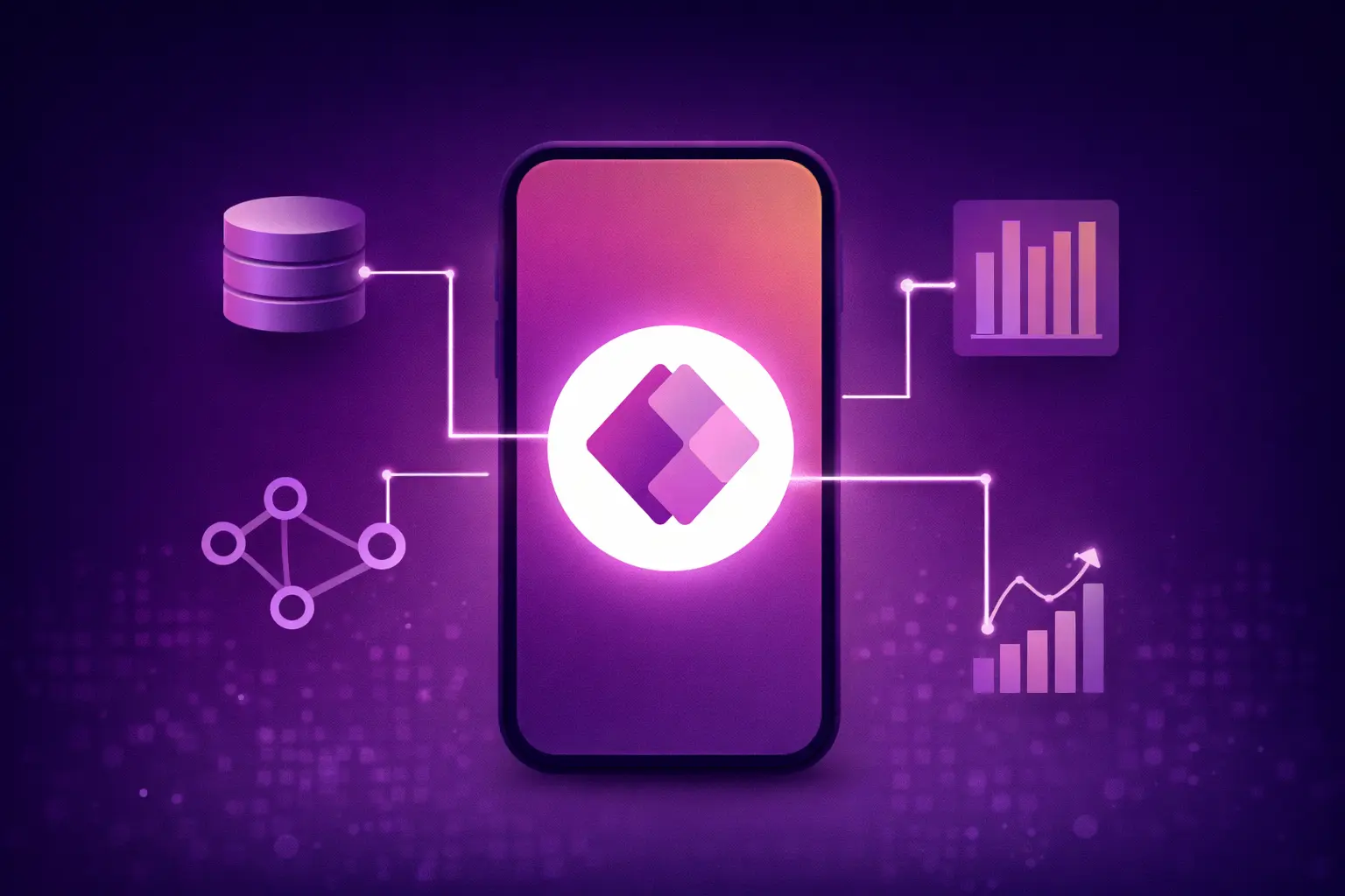 A smartphone with a glowing Power Apps icon is centered on a purple background. It's connected to symbols for data, graphs, and networks, suggesting data integration.