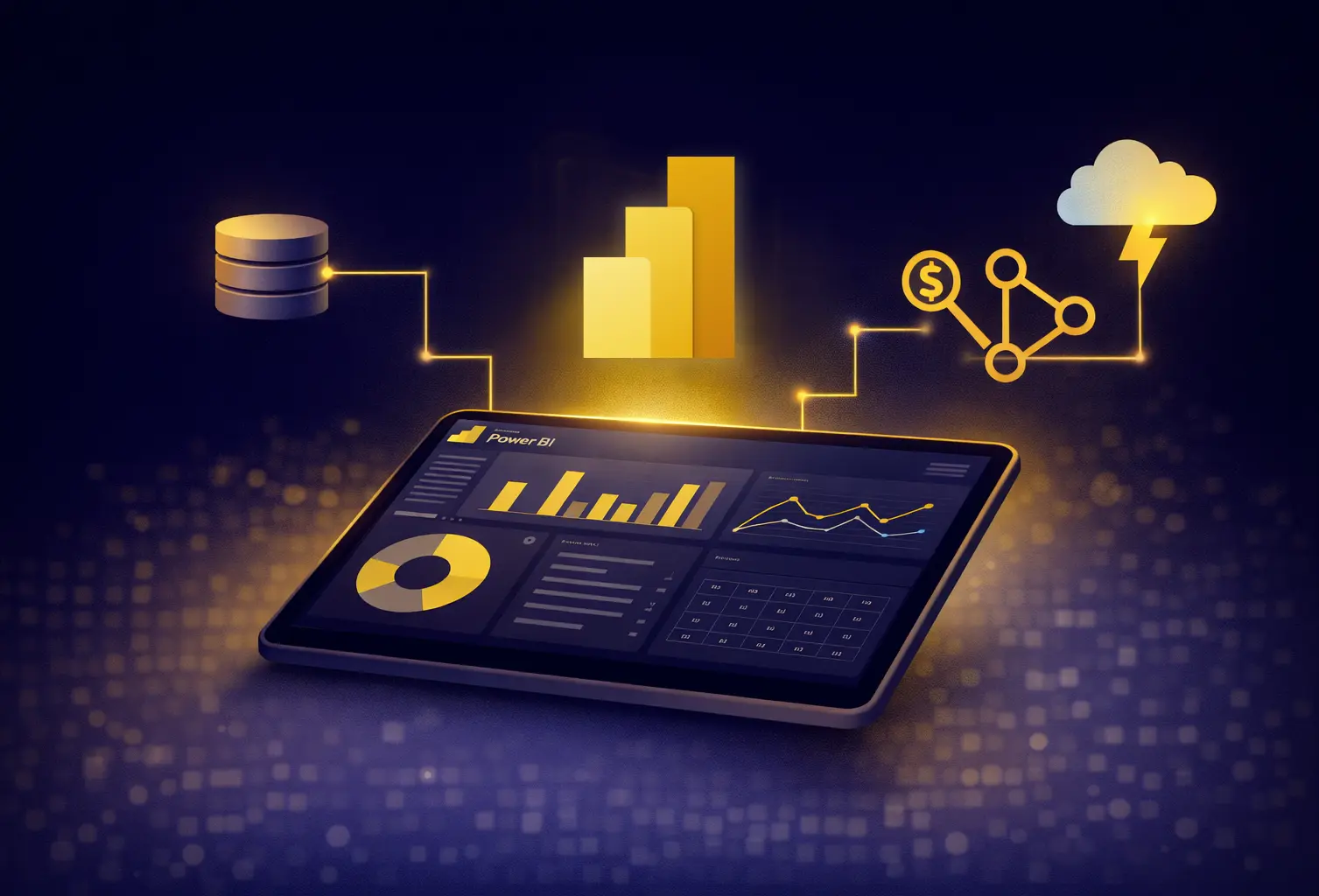 A digital dashboard on a tablet shows charts and graphs in a dark setting with Power BI Logo floating above. Icons for data storage, analytics, and cloud surround the tablet.