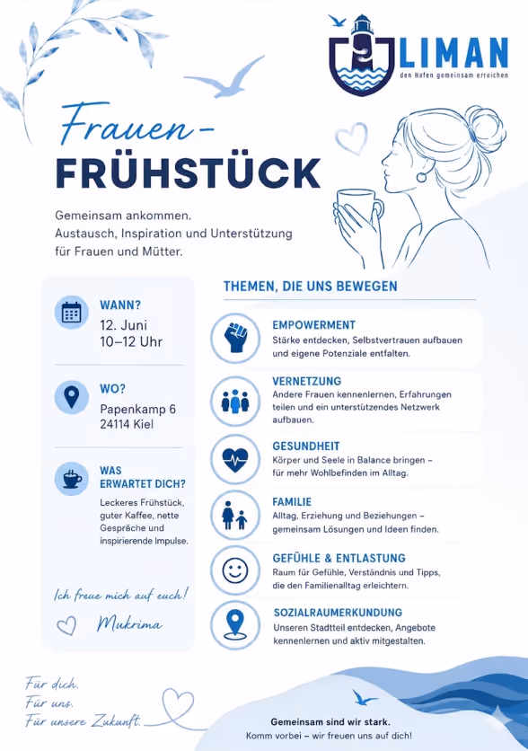 Flyer Frauenfrühstück mit Datum, Ort, Themen wie Empowerment, Vernetzung, Gesundheit, Familie, Gefühle, Sozialerkundung.