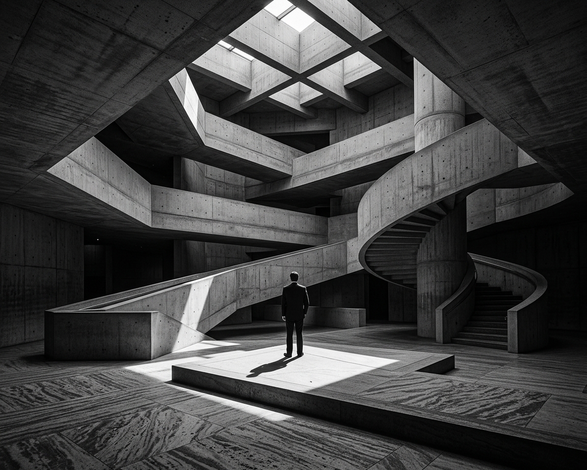 Schwarz-weiß-Architekturaufnahme einer Wendeltreppe und verschachtelter Betonstege mit einer Person im Anzug im Lichtkegel, sinnbildlich für verschlungene, aber nachvollziehbare Entscheidungslinien