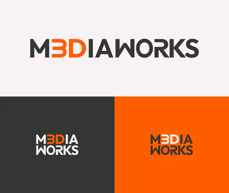 Logo final Mediaworks en version allongé et sur fonds de couleurs