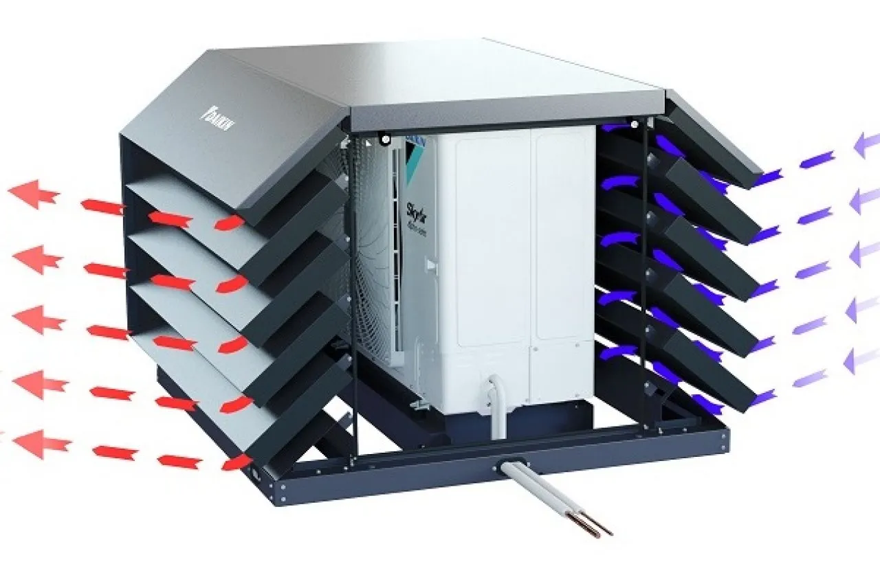 Erittäin tuulisissa olosuhteissa Daikin suosittelee tuulensuojan asentamista laitteen sivulle sellaisissa tilanteissa, joissa esimerkiksi mereltä tuulee usein suoraan kohti ulkoyksikköä.  