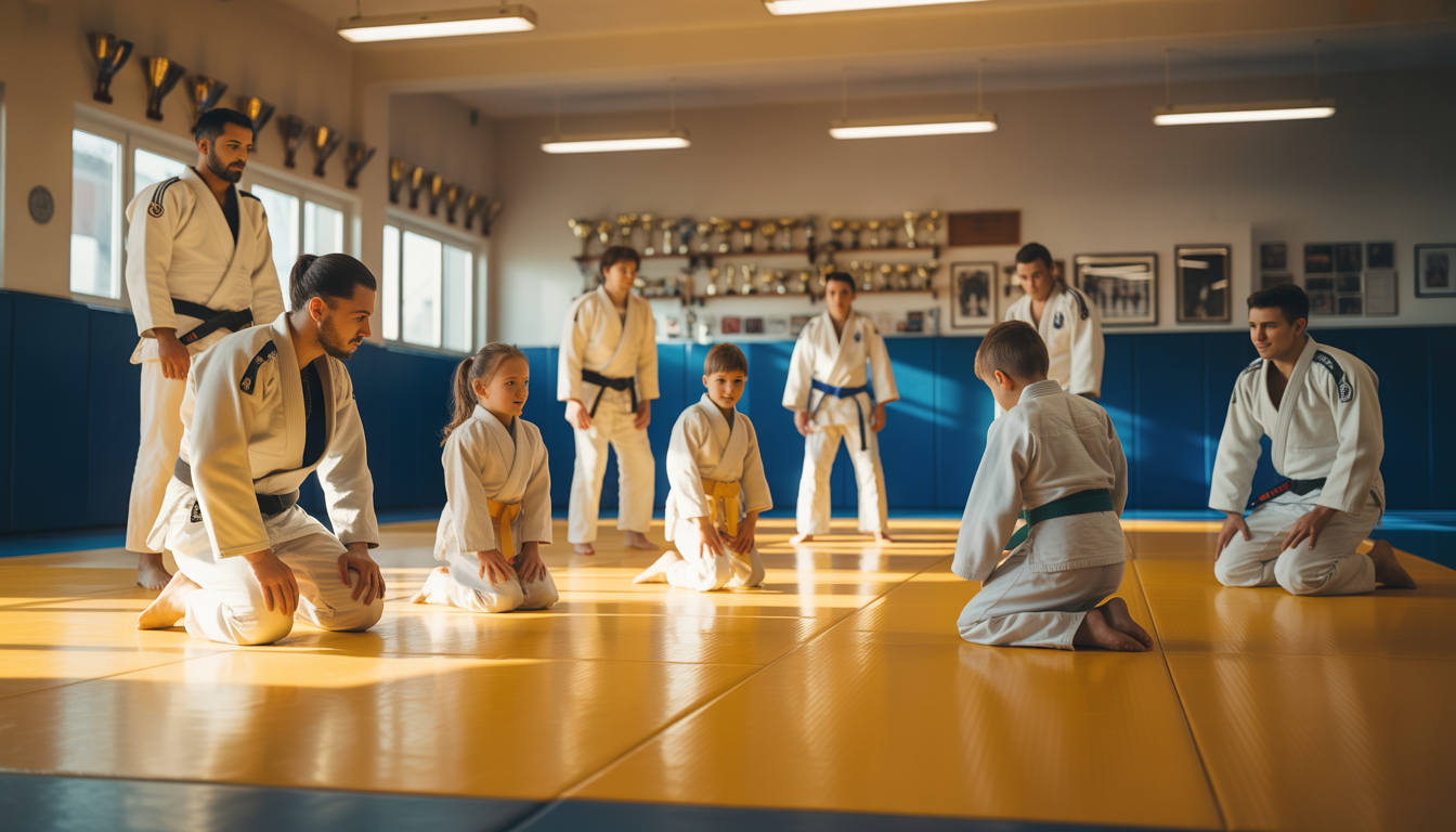 Adultes et enfants pratiquant le jiu-jitsu sur un tatami clair