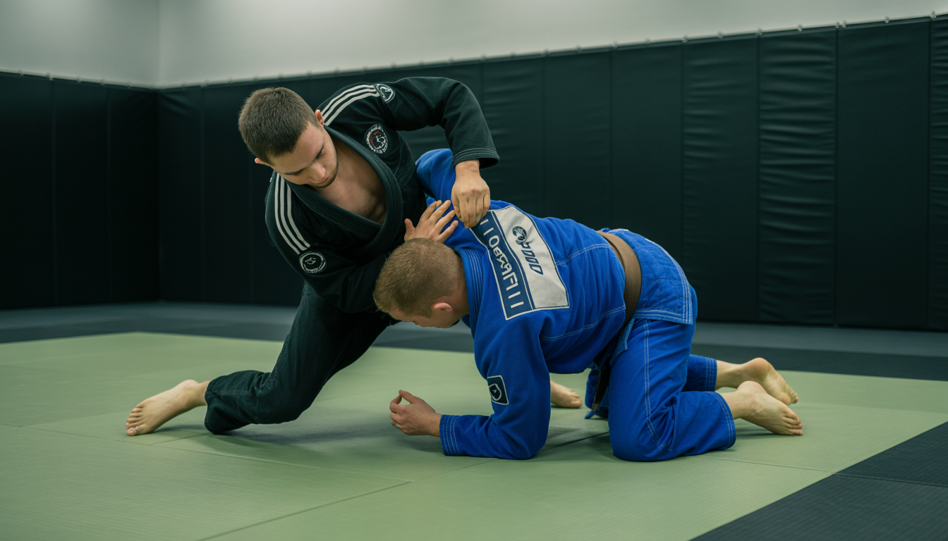 Deux athlètes masculins s'affrontent en No-Gi Jiu-Jitsu sur tatami