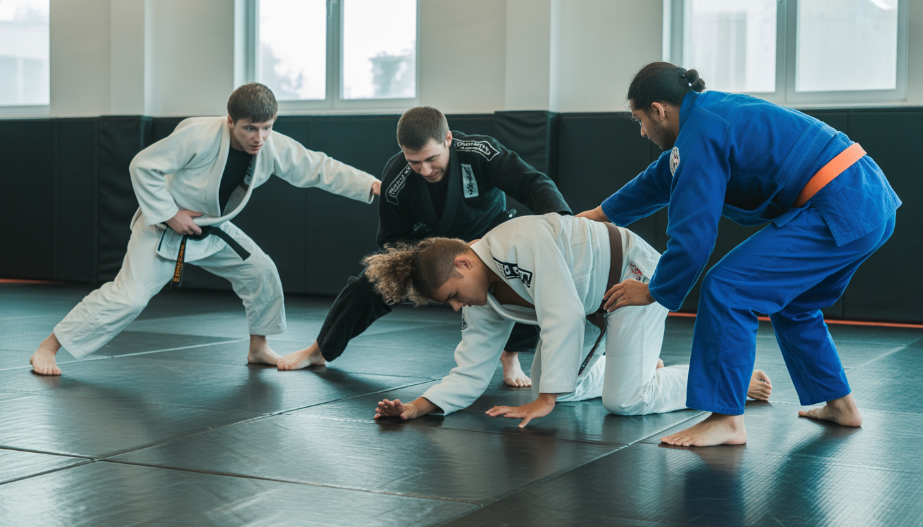 Group Jiu-Jitsu training on tatami with instructors guiding movements