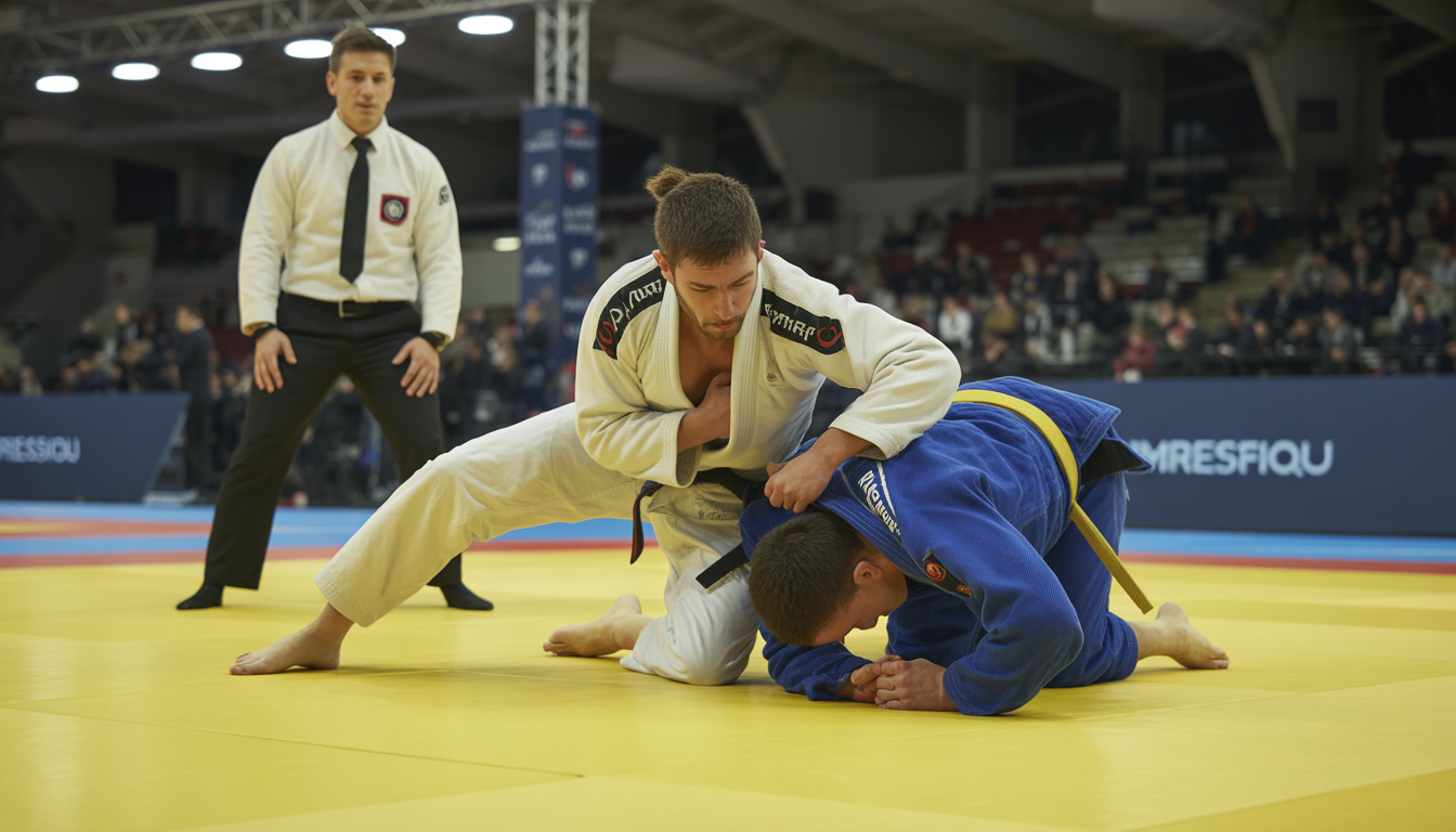 Athlètes de Jiu-Jitsu en action sur tatami avec arbitres à Paris