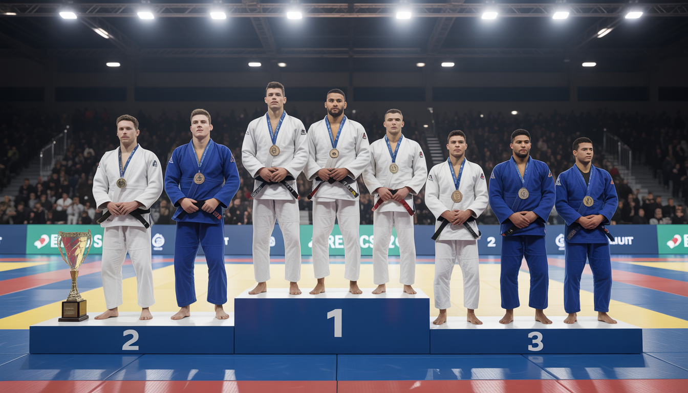 Athlètes en gi sur podium avec médailles lors d'une cérémonie de Jiu-Jitsu à Paris