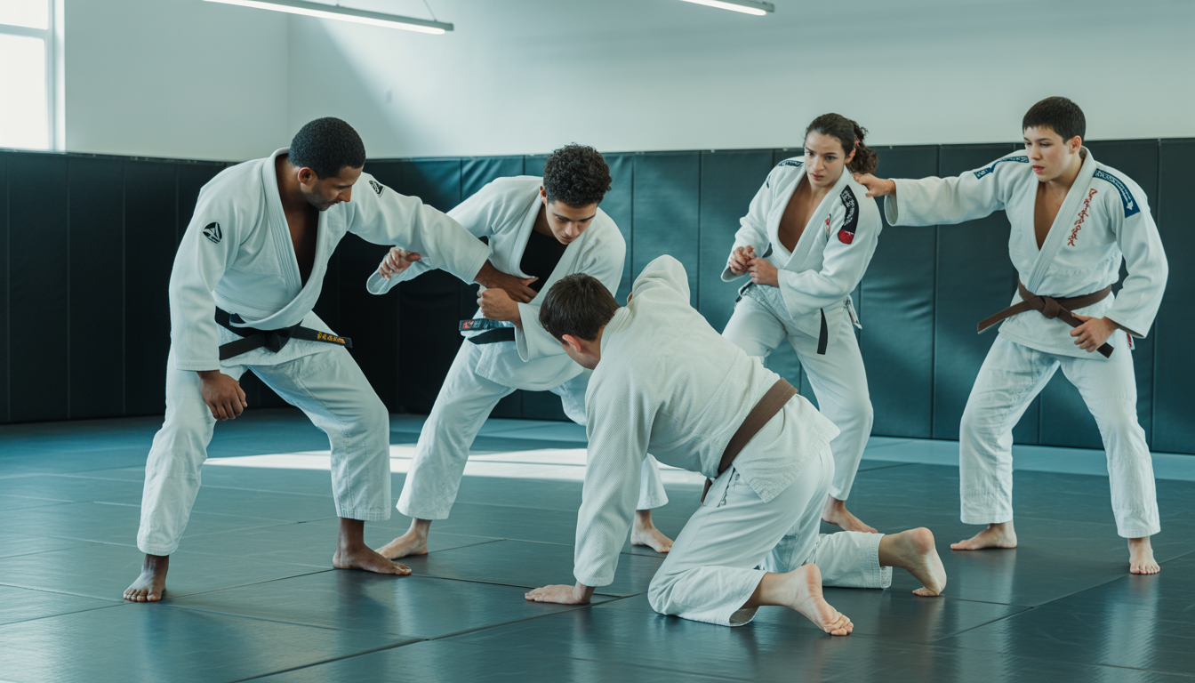 Pratiquants de jiu-jitsu en kimono s'entraînant dans un dojo parisien moderne avec un coach montrant une technique