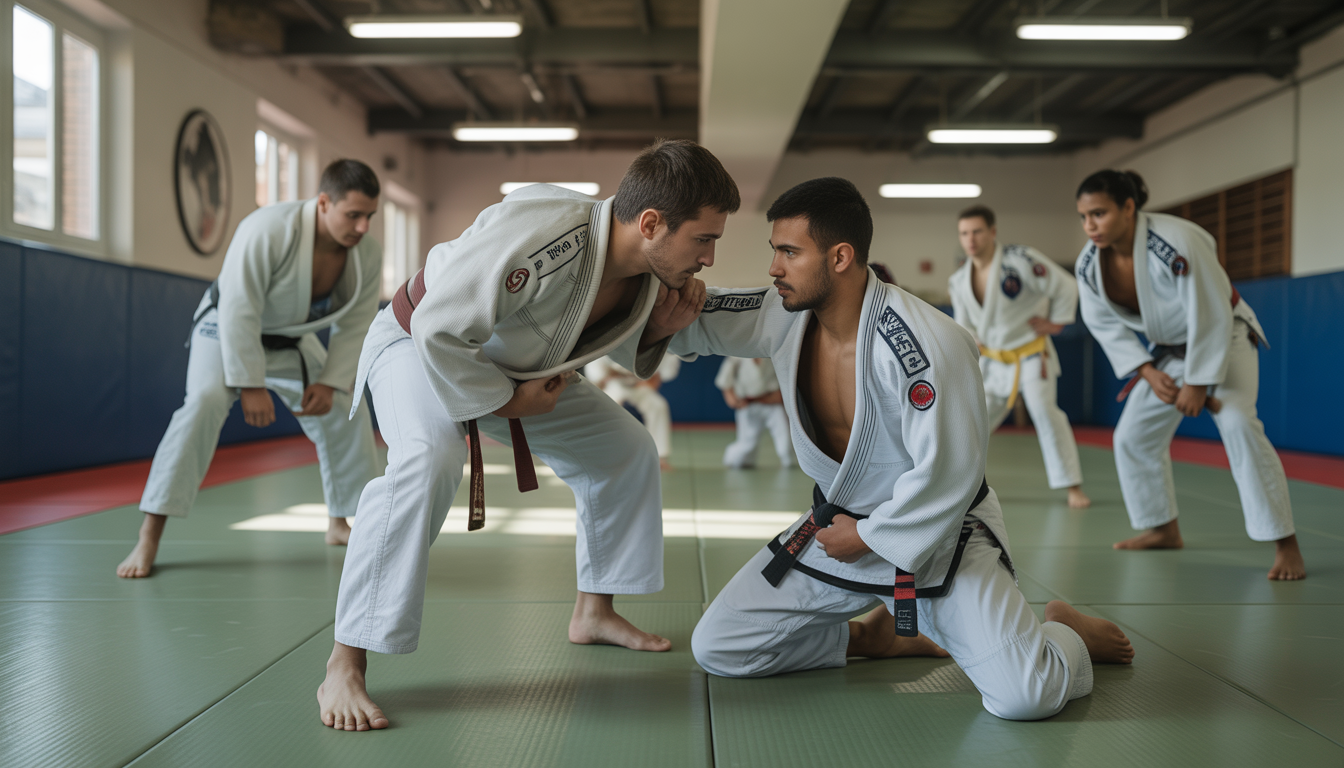 Pratiquants de Jiu-Jitsu s'entraînant dans un dojo parisien