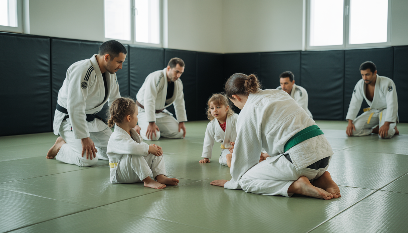 Séance de Jiu-Jitsu avec adultes et enfants sur tatamis à Paris