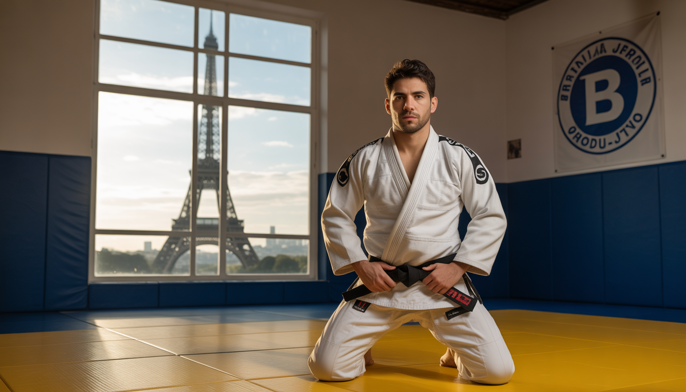 Pratiquant ceinture noire de jiu-jitsu dans un dojo parisien avec la Tour Eiffel en arrière-plan