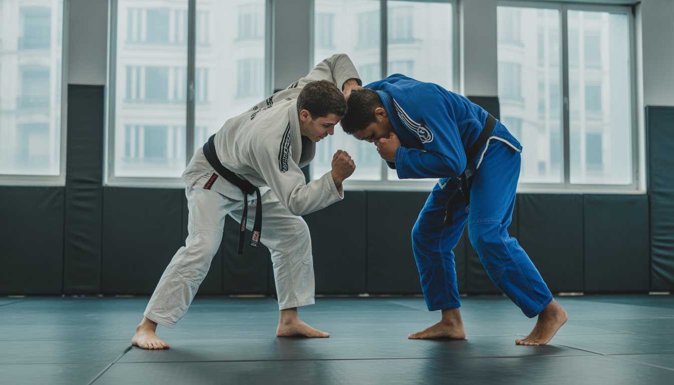 Deux athlètes pratiquant le Jiu-Jitsu brésilien dans une salle moderne à Paris