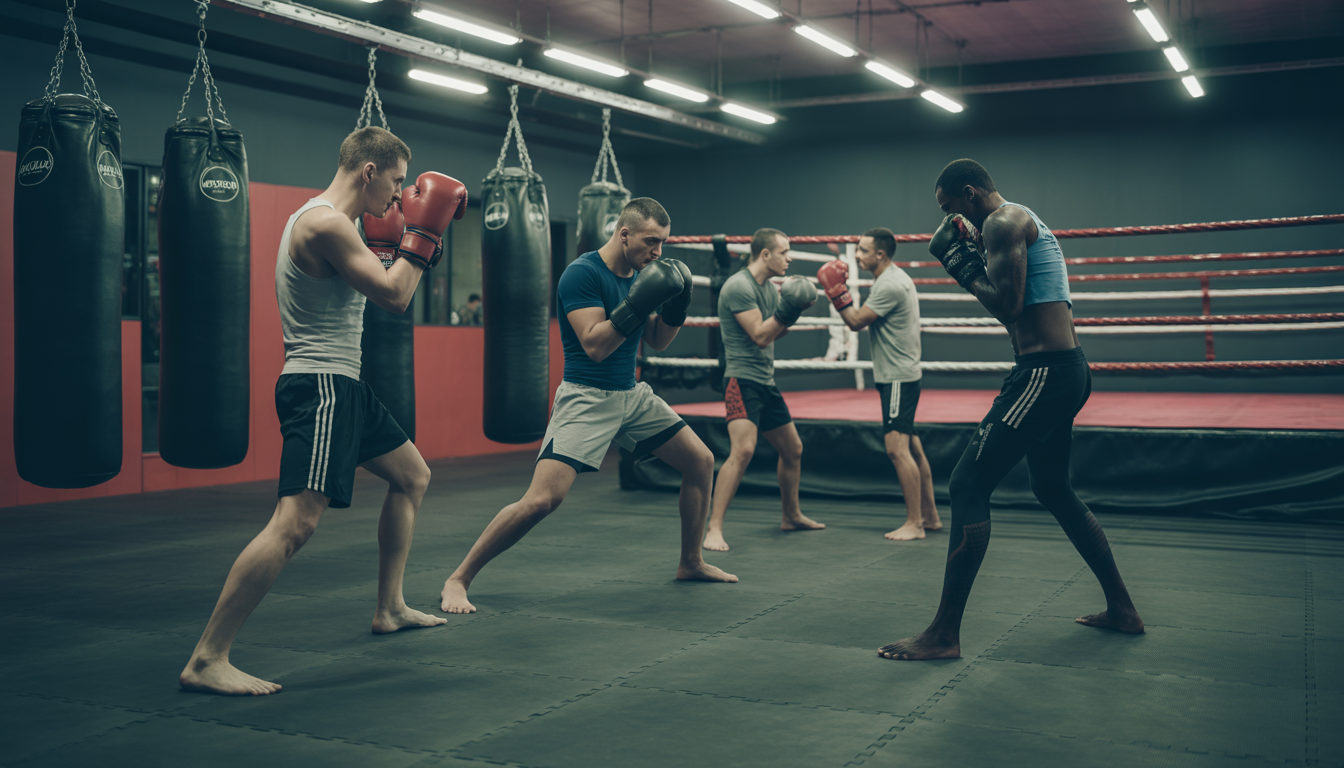 Athlètes en action dans une salle de sports de combat avec coach