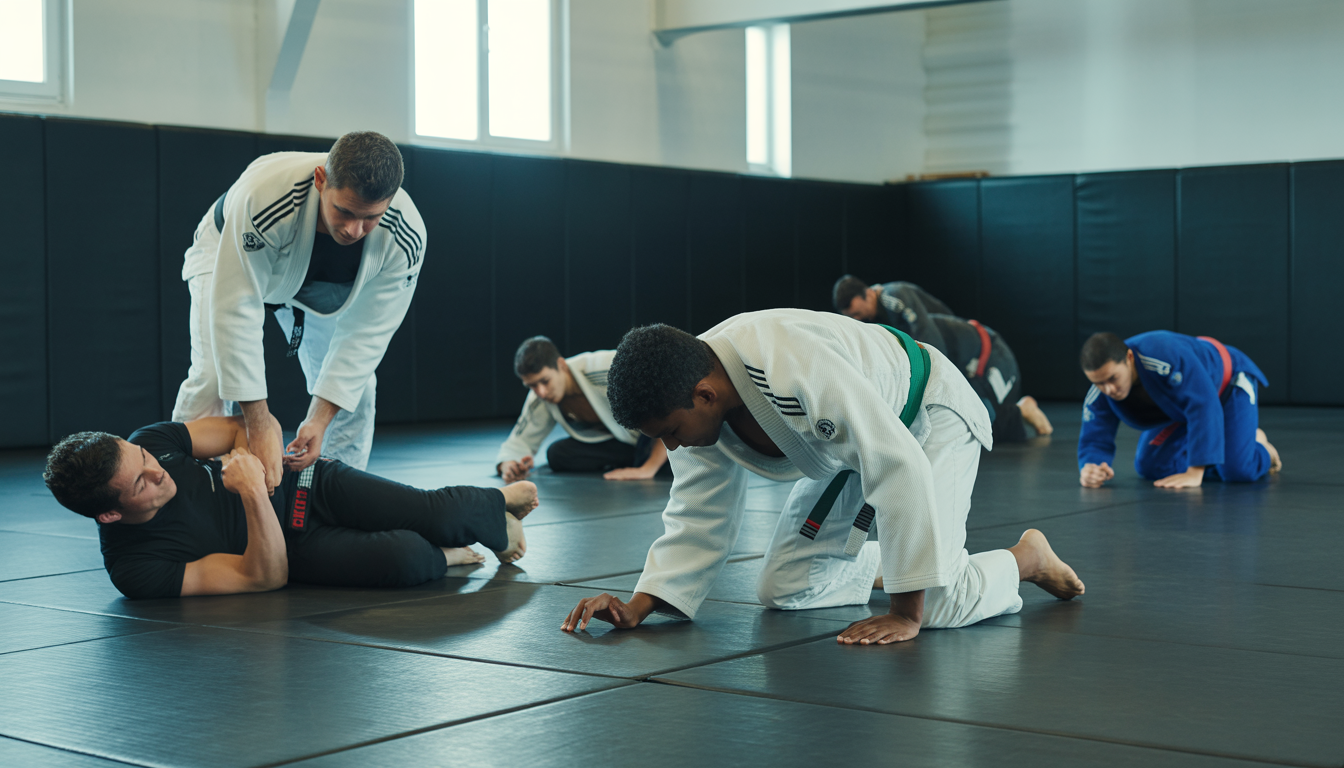 Athlètes s'entraînant au grappling sur tapis dans une salle parisienne