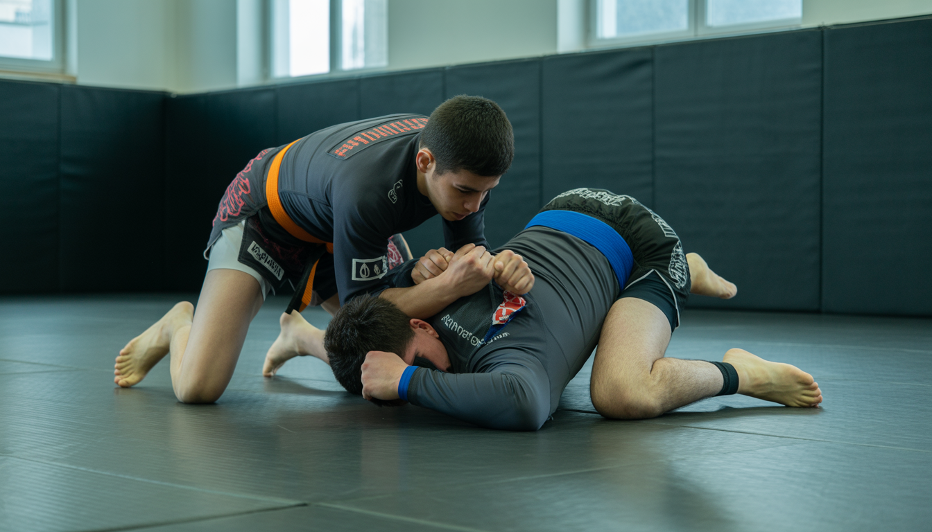 Deux athlètes en combat au sol dans un dojo à Paris