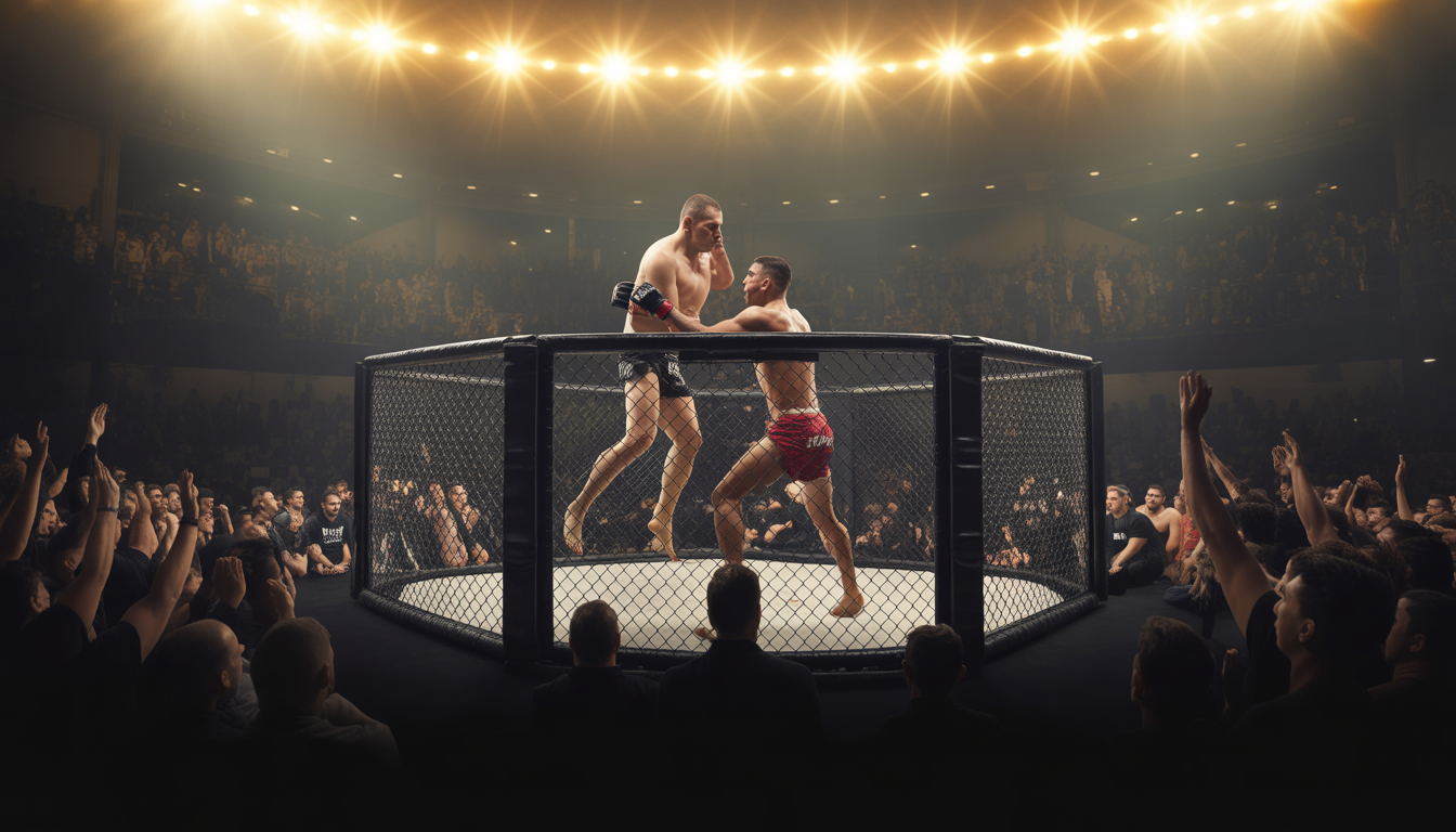 Deux combattants de MMA s'affrontent dans une cage sous des lumières vives à Paris