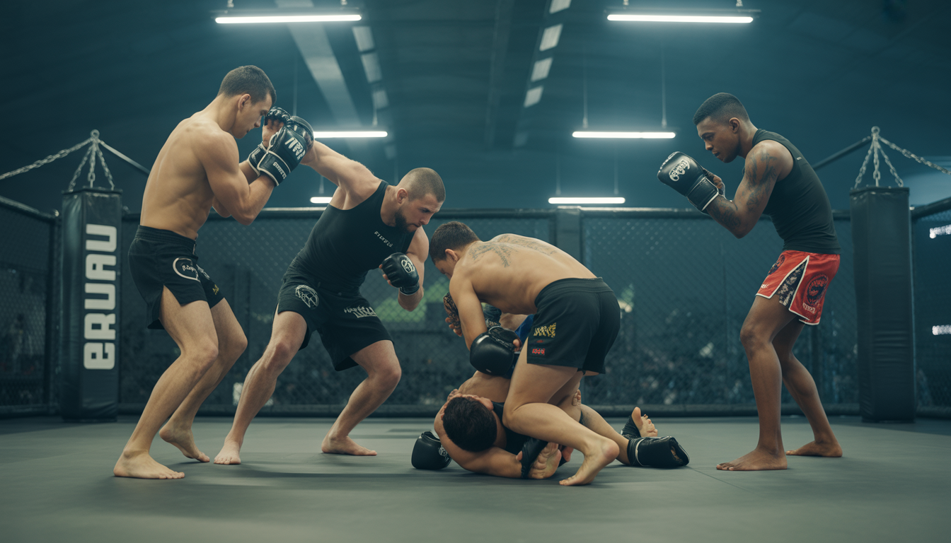 Athlètes de MMA s'entraînant dans une salle parisienne moderne