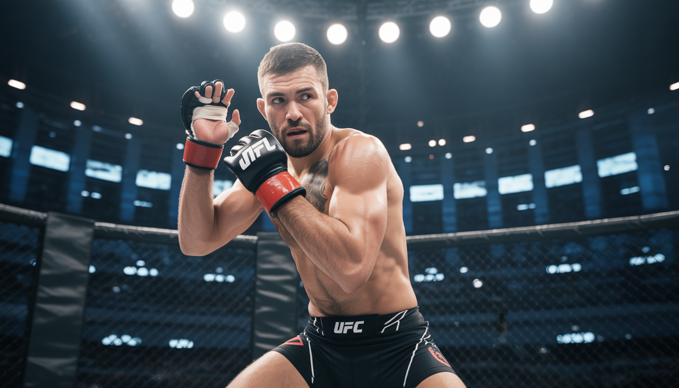 Photorealistic MMA fighter inside octagon cage in Paris arena