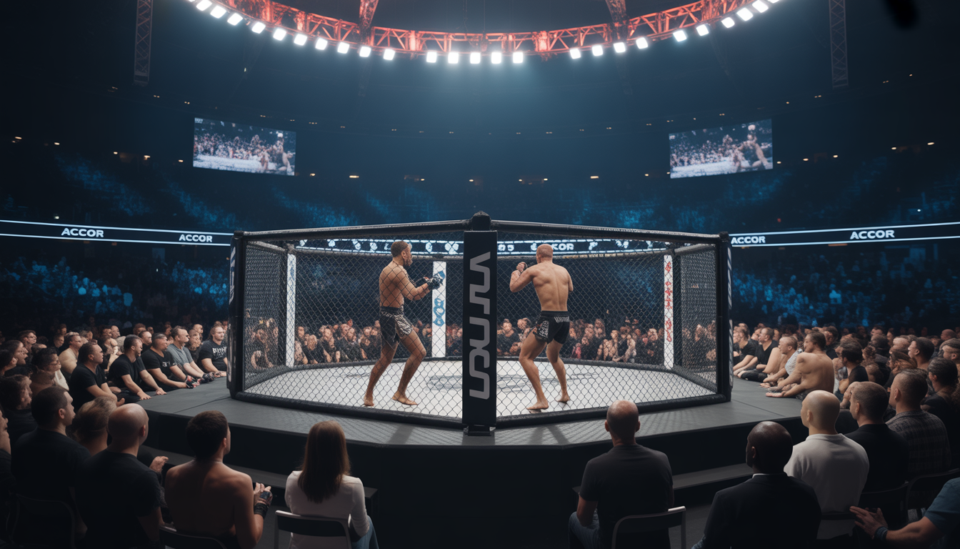 Deux combattants MMA dans une cage à l'Accor Arena de Paris