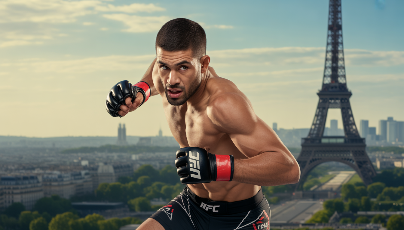 Combattant de MMA en plein mouvement avec Paris en arrière-plan