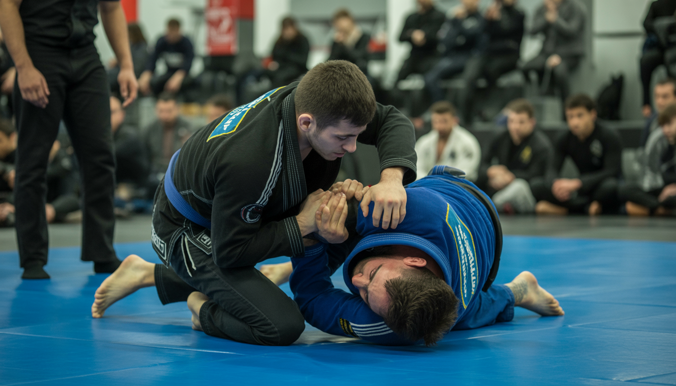 Two male athletes grappling in a No-Gi jiu-jitsu match on a blue mat inside a gym with spectators