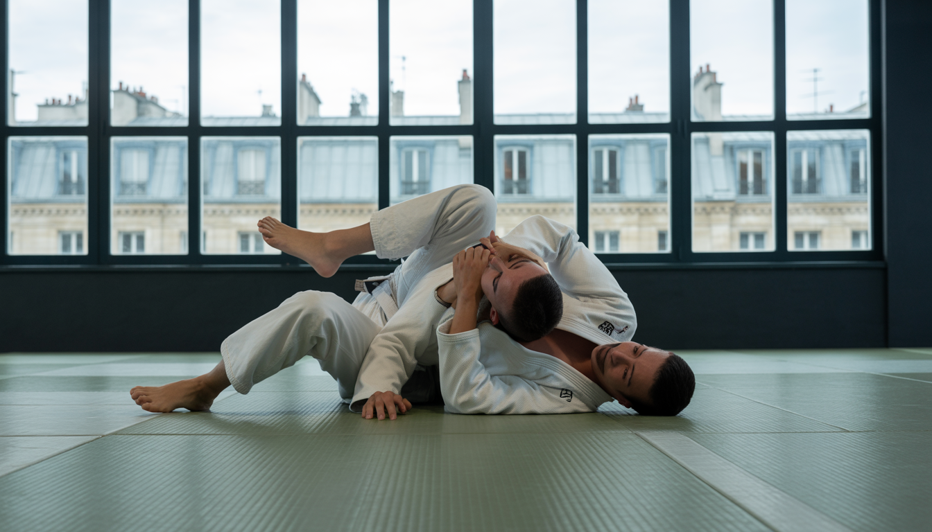 Deux athlètes exécutant une clé au sol dans un dojo avec vue sur les toits de Paris