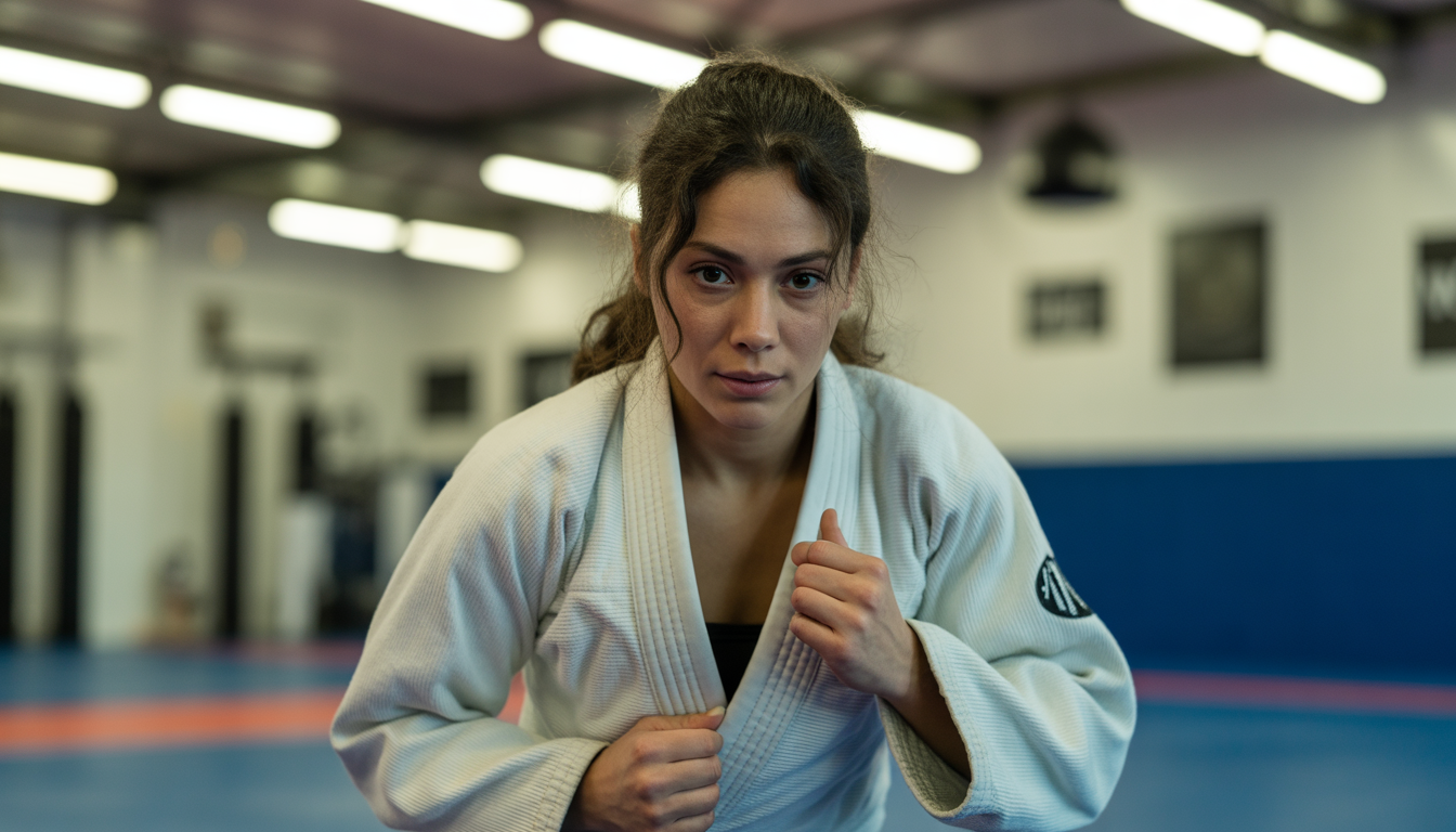 Jeune femme en kimono blanc s'entraînant au Jiu-Jitsu dans une salle de sport parisienne