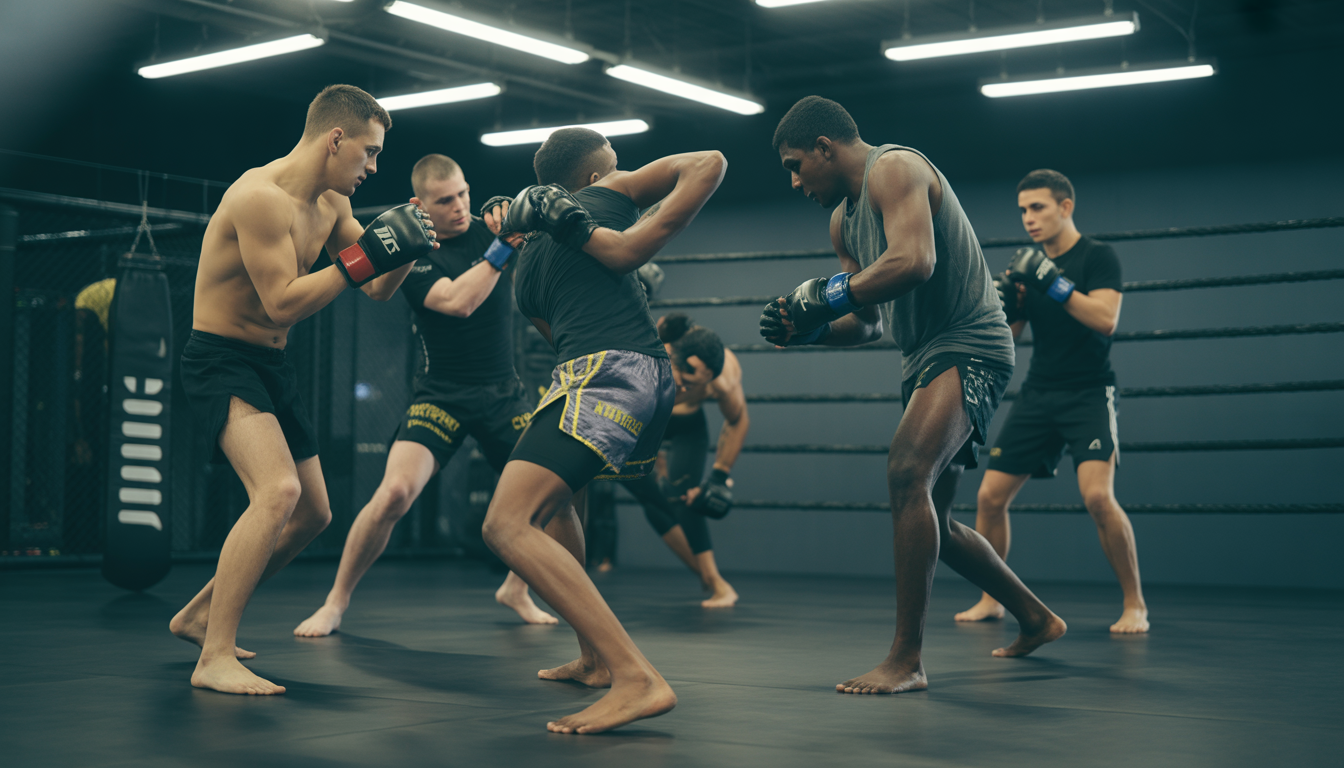 Athlètes s'entraînant au MMA et Muay Thai dans une salle moderne