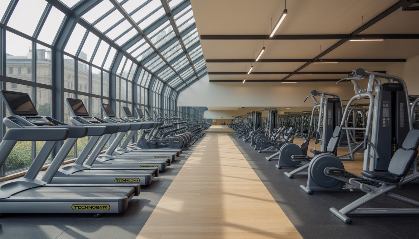 Spacious modern gym in Tolbiac Paris with Technogym equipment under glass ceiling