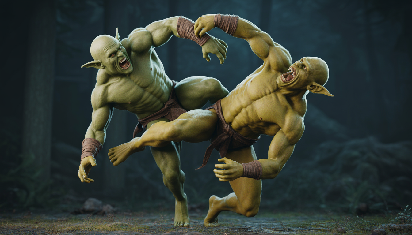 Deux gobelins musclés luttant dans une forêt sombre et mystérieuse